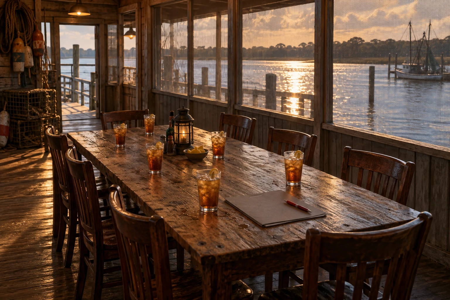 An imagined screened river room at Dampier’s seafood house