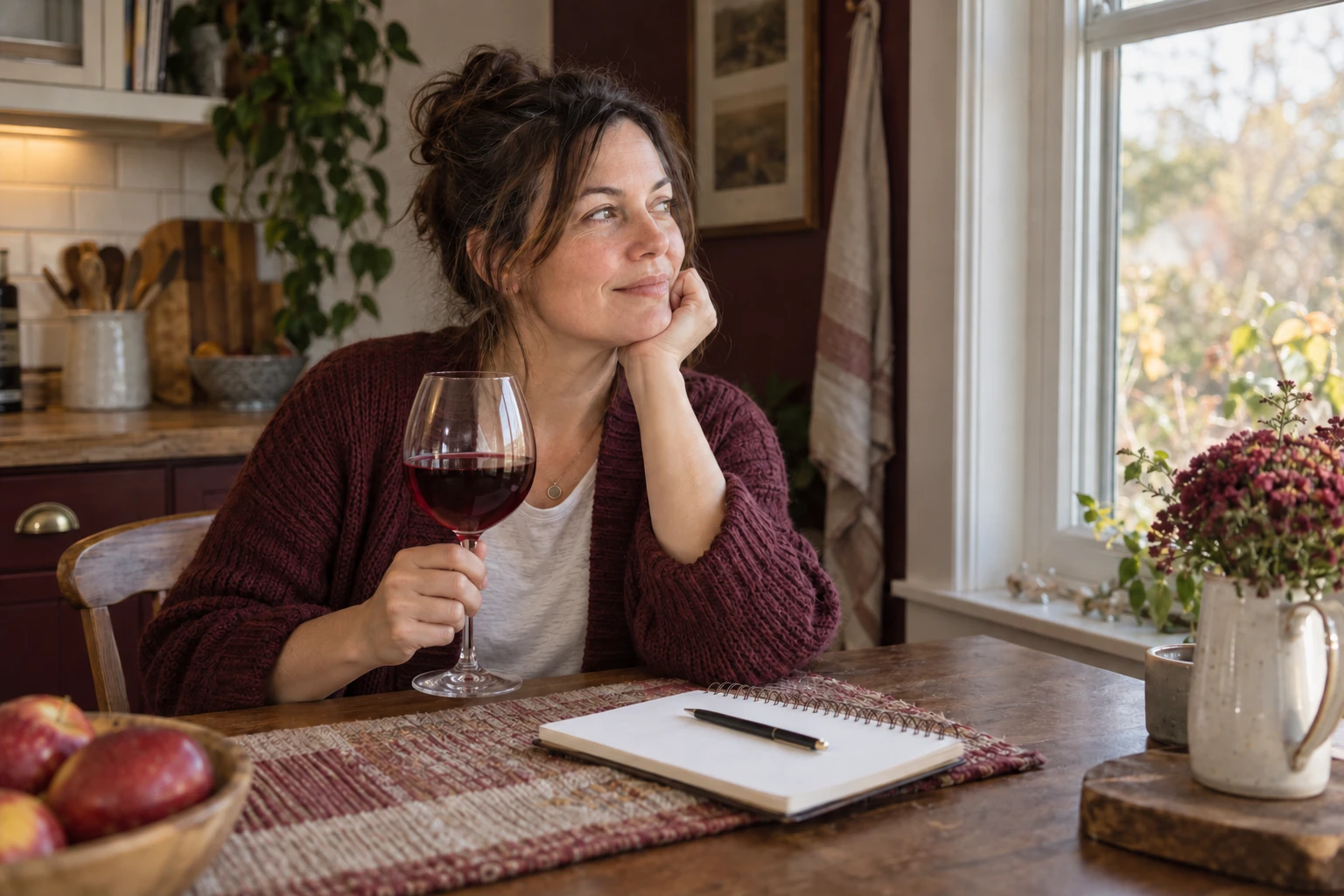 Illustrative author-persona portrait: an adult woman daydreaming by a kitchen window, holding a large glass of red wine